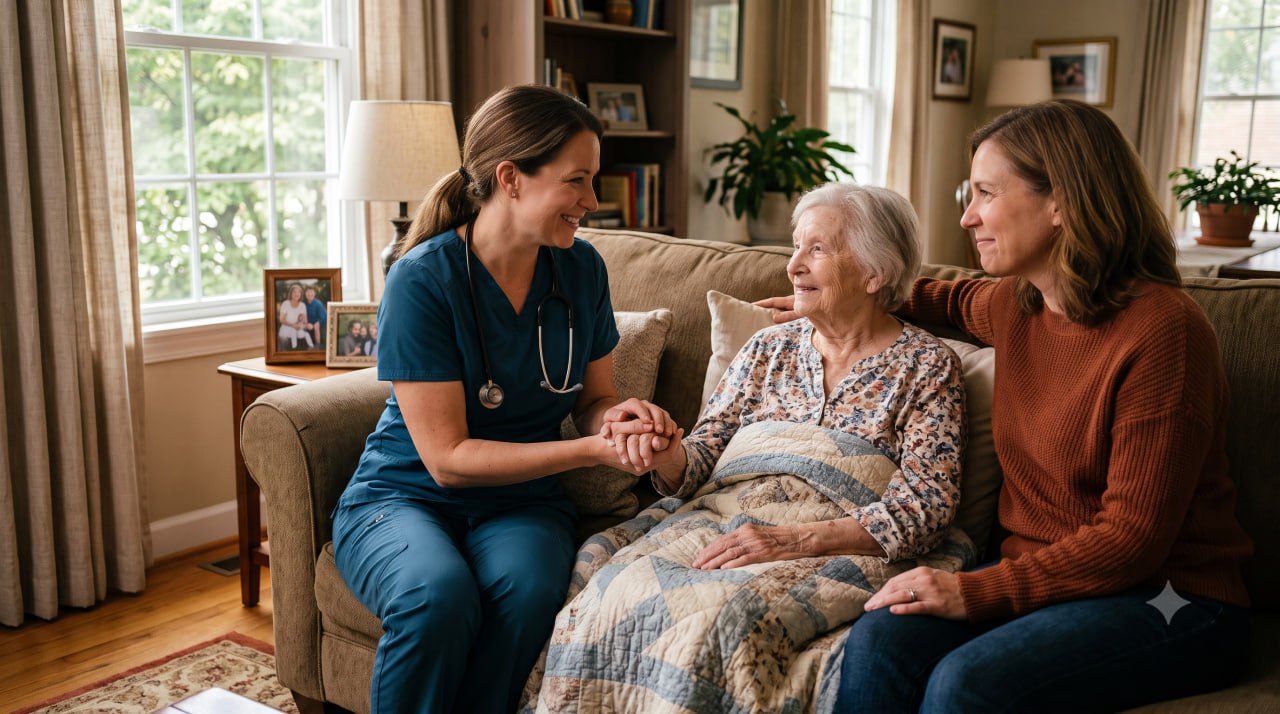 Living Waters Hospice nurse and family with patient at home