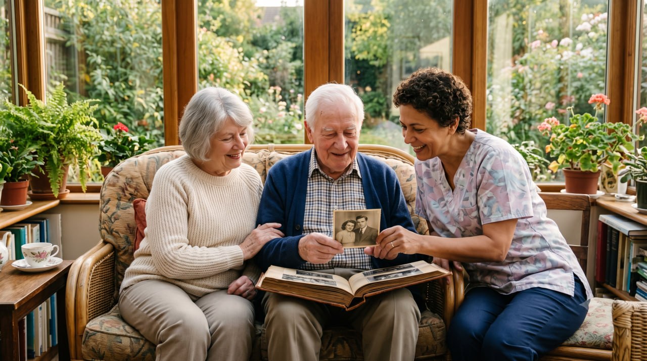 Living Waters Hospice caregiver sharing memories with family