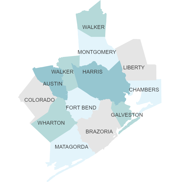 Living Waters Hospice service area map showing greater Houston